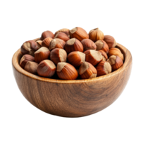A wooden bowl filled with fresh hazelnuts isolated on a transparent background, hazelnuts in wood bowl isolated on transparent background png