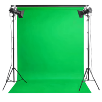 Chroma key green screen setup with lighting equipment ready for creative production in a studio environment, Green screen isolated on transparent background Chroma key png