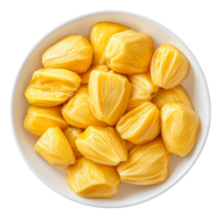 Delicious ripe jackfruit pieces served in a transparent plate on a clean, bright background, Jackfruit in transparent plate isolated on transparent background png