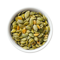 Nutritious pumpkin seeds in a transparent bowl on a clean transparent surface for healthy eating and snacking, Pumpkin seeds in transparent bowl on transparent background png