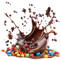 A delightful chocolate splash topped with colorful sprinkles and candies on a bright transparent background, Chocolate Splash with Sprinkles and candies on transparent background png