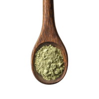 Green Kariyat herbal powder in a wooden spoon on a clean transparent backdrop highlighting its natural texture and color, Green Kariyat herbal powder in wood spoon on transparent background png