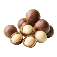 Whole and halved macadamia nuts on a transparent background for culinary uses and healthy snacking options, macadamia nuts isolated on transparent background png