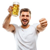 Joyful man celebrating with a beer mug in a bright setting during a friendly gathering or occasion, Joyful Man Raising a Beer Mug Celebration Toast Isolated on transparent background png