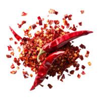 Crushed red chili pepper pieces and whole chilies on a transparent background ready for culinary use, Red chili pepper crushed into pieces isolated on transparent background png