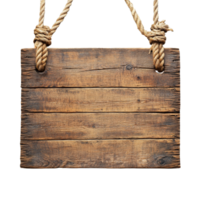 Rustic wooden signboard with hanging ropes isolated against a plain background for a versatile design option, Rustic Wooden Signboard with Hanging Ropes isolated on transparent background png