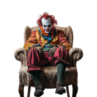 A creepy clown sits alone on a vintage chair against a stark transparent background, creating a chilling atmosphere, Scary Clown Sitting on Chair Isolated on transparent background png