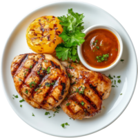 Delicious grilled chicken steak served with tangy sauce and a side of grilled vegetables ready for a hearty meal, Plate of grilled chicken steak with sauce png