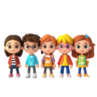 A group of five cute cartoon student characters standing together in a bright and cheerful setting, AIGenerated 3D Cartoon Character Group Cute Students, transparent background png