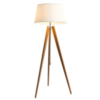 Modern cozy house floor lamp with wooden tripod legs and transparent shade isolated on a transparent background, modern cozy house floor lamp isolated on transparent background png