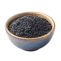 Black sesame seeds in a rustic bowl isolated on a clean transparent background, black sesame in a bowl isolated on transparent background png