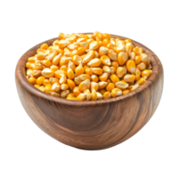 Corn seeds displayed in a rustic wooden bowl on a transparent background, emphasizing their vibrant yellow color and natural texture, Corn seeds in wood bowl isolated on transparent background png