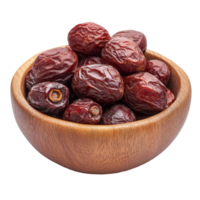 Dried Chinese jujubes in a wooden bowl on a transparent background showcasing their rich color and texture, Chinese Jujube dried in wood bowl on transparent background png