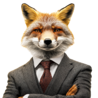 A fox in a tailored suit stands confidently, arms crossed, exuding a blend of intelligence and business acumen, Fox wearing business attire on transparent background Smart strategy concept png
