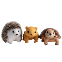 Charming plush animal toys of a hedgehog, turtle, and marmot displayed on a soft surface in a cozy setting, Charming Plush Animal Toys Hedgehog, Turtle, marmot on transparent background png