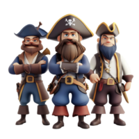 Three cartoon pirates are set for adventure with swords in a playful scene, 3D Cartoon Pirate Characters, Swashbuckling Buccaneers Isolated on transparent background png