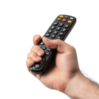 A man uses a remote control while relaxing at home on a bright, clean transparent background, A man holding remote control on transparent backgroundfile png
