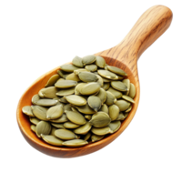 Pumpkin seeds in a wooden spoon on a transparent background for healthy eating and cooking, Pumpkin seeds in wood spoon isolated on transparent background png