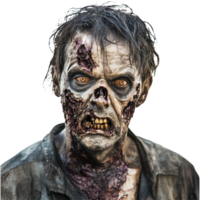 A zombie with decaying skin stares intently at the camera against a plain transparent background, Zombie facing the camera on transparent background png