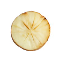 A fresh slice of potato resting on a clean transparent surface while awaiting preparation for cooking, slice potato on transparent background png