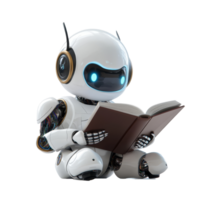 Cheerful humanoid android reading a book on a transparent background with accents during a serene moment of reflection, Cheerful Humanoid Android Reading Book on transparent background png