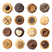 Delicious cookies with assorted toppings arranged in a neat grid on a bright transparent background, cookies with various toping top view isolated on transparent background png
