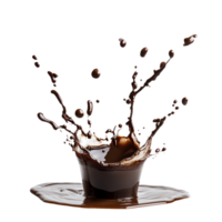 Dark espresso coffee splash captured against a transparent background, showcasing dynamic movement and rich texture of the beverage, Dark Espresso Coffee Splash on transparent background png