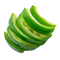 Freshly sliced green pepper pieces displayed against a clean transparent background for culinary and health purposes, Sliced green pepper isolated on transparent background png