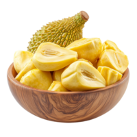 Ripe jackfruit pieces in a wooden bowl on a transparent background, showcasing their vibrant yellow color and unique texture, Ripe Jackfruit in the wood bowl isolated on transparent background png