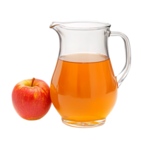 Fresh apple juice in a clear pitcher beside a ripe red apple on a bright background, Apple juice in a pitcher isolated png