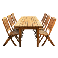 Wooden garden table with folding chairs set for outdoor dining surrounded by a bright transparent background, garden wood table and folding chairs isolated on transparent backgroundfile png