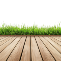A serene view of a wooden floor meeting a lush green grass background in a bright and airy setting, wooden floor with grass background,isolated transparent background png
