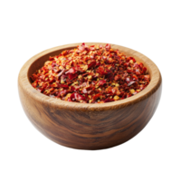 Crushed red chili pepper in a wooden bowl isolated against a transparent background showcasing vibrant spices, Crushed red chili pepper in wood bowl isolated on transparent background png