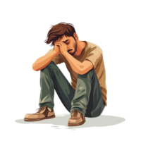 A sad man sitting on the ground in contemplation during a difficult moment of crisis or illness, sad man is going through a crisis or is sick, file of isolated object on transparent background png