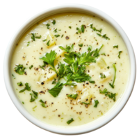 Delicious creamy potato leek soup garnished with fresh herbs served in a bowl against a clean transparent background, Creamy Potato Leek Soup with Herbs On transparent background png