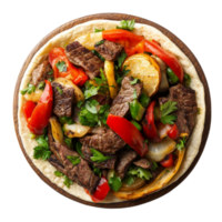 Delicious beef and vegetable dish served on a flatbread in a rustic setting, dish made of bread, beef, and vegetables top view isolated on transparent background png