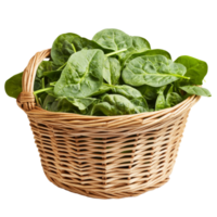 Fresh spinach leaves in a woven basket isolated against a transparent background for healthy cooking inspiration, Spinach leaves in basket isolated on transparent background png