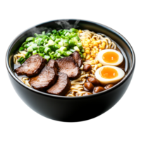 Delicious bowl of ramen with meat, eggs, and fresh vegetables png