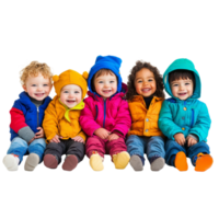 A joyful group of happy toddlers dressed in colorful outerwear, gathered together for a playful, diversified group of happy toddlers outerwear, file of isolated object on transparent background png