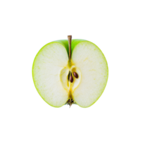Half green apple sliced open on a clean transparent background showcasing its interior and seeds for a simple still life, half green apple on transparent background png