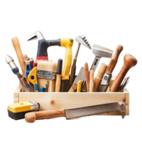 Collection of various carpentry tools displayed in a wooden box ready for woodworking projects at a workshop, Various type of carpentry tools in group png