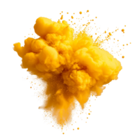 Yellow paint splash explosion creating a vibrant smoke cloud, isolated on a transparent background for artistic impact, yellow paint splash explosion smoke cloud isolated on transparent background png