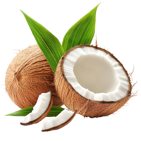 Fresh coconut with green leaf on transparent background highlighting the natural texture and freshness of tropical fruit, coconut with leaf isolated on transparent background png