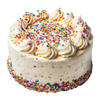 Delightful confetti cake with vanilla sour cream frosting and vibrant sprinkles ready for a celebration in a cozy, confetti cake with vanillasour cream frosting birthday isolated on transparent png