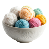 A cozy bowl filled with vibrant soft yarn balls in various colors on a pristine transparent background, Wool soft yarn balls in a bowl on a transparent background png