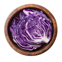 Freshly sliced purple cabbage in a wooden bowl isolated on a bright transparent background perfect for healthy recipes, slice purple cabbage in wood bowl isolated on transparent background png