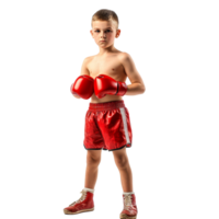 Young boy boxer wearing red gloves and shorts, posing confidently against a transparent background, Young Boy Boxer in Red Gloves and Shorts Isolated on transparent background png
