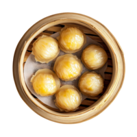 Aerial view of a bamboo steamer basket filled with freshly prepared dumplings ready for serving, Top view of a bamboo streamer basket topped with a dim sums transparent background png