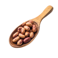 Tigerstripe beans, also known as peanuts, displayed on a wooden spoon against a transparent background, peanuts ,thai name is tigerstripe beans in wood spoon isolated on transparent background png