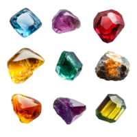 A collection of colorful gemstones displayed on a transparent background showcasing their unique shapes and brilliance, Gemstones transparent background png